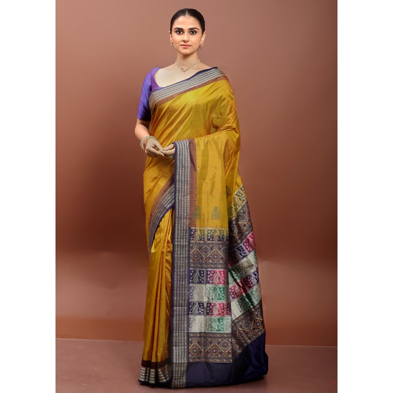 Yellow Handloom Bomkai Pure Silk Saree With Blouse Piece - JD986610893