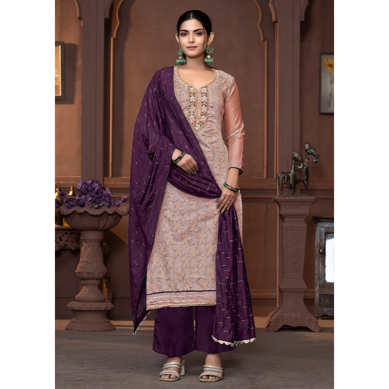 3 Pc Beige Semi Stitched Silk Suit Set - JD986610707