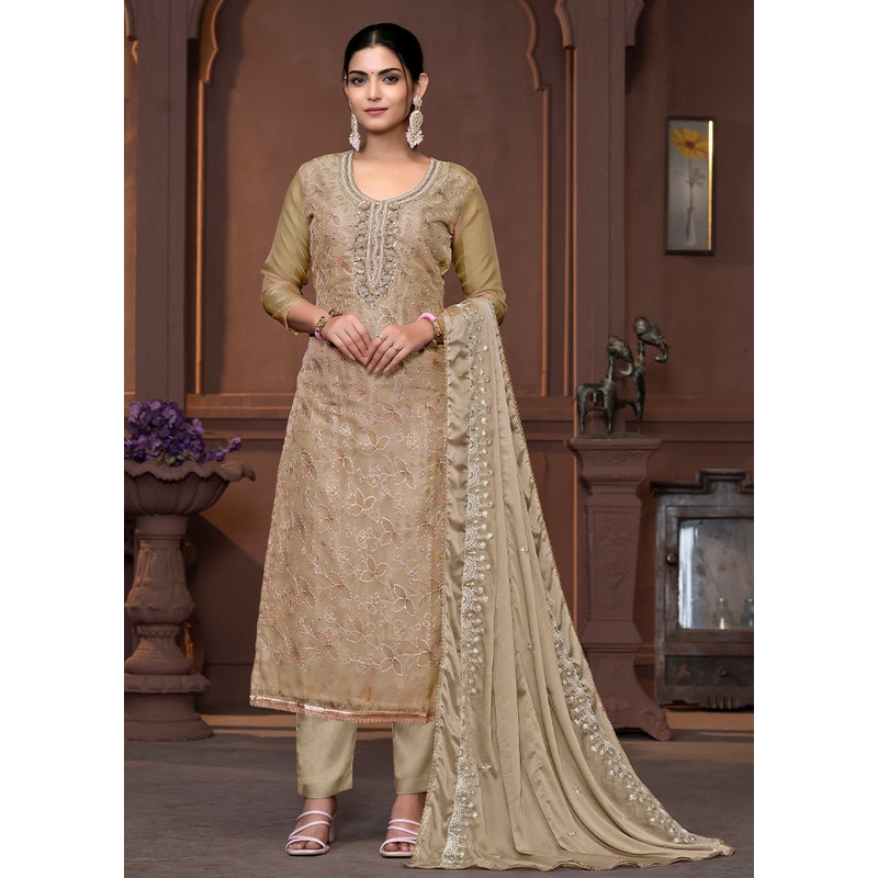 3 Pc Beige Semi Stitched Viscose Suit Set - JD986610706