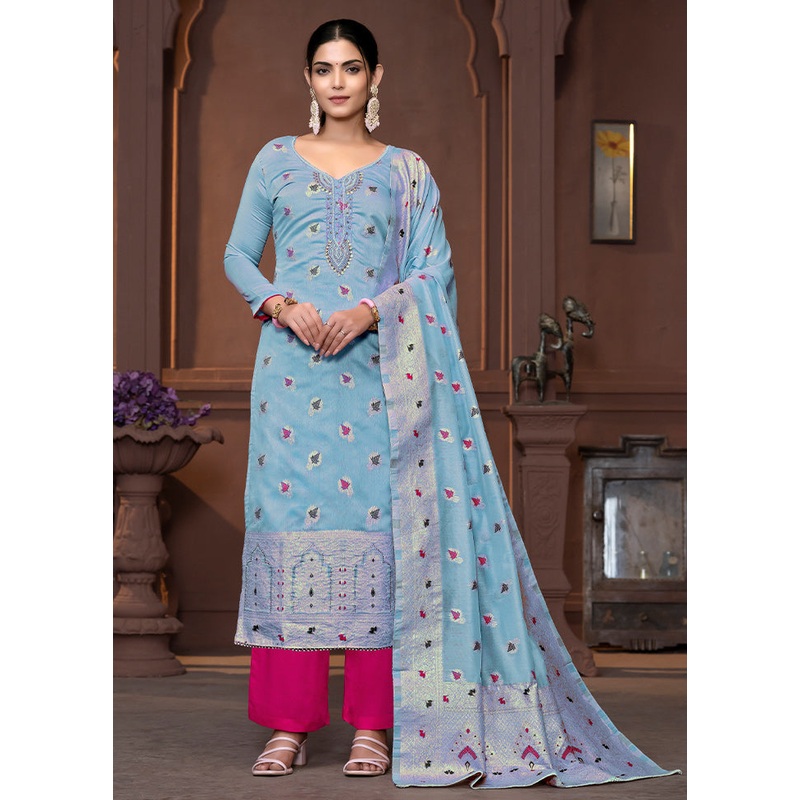3 Pc Blue Semi Stitched Silk Suit Set - JD986610705