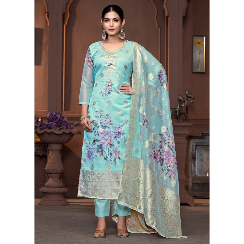 3 Pc Blue Semi Stitched Viscose Suit Set - JD986610704