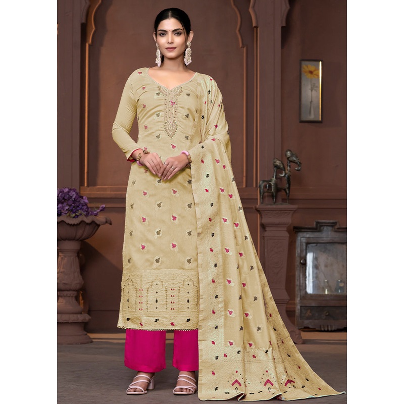 3 Pc Cream Semi Stitched Silk Suit Set - JD986610703