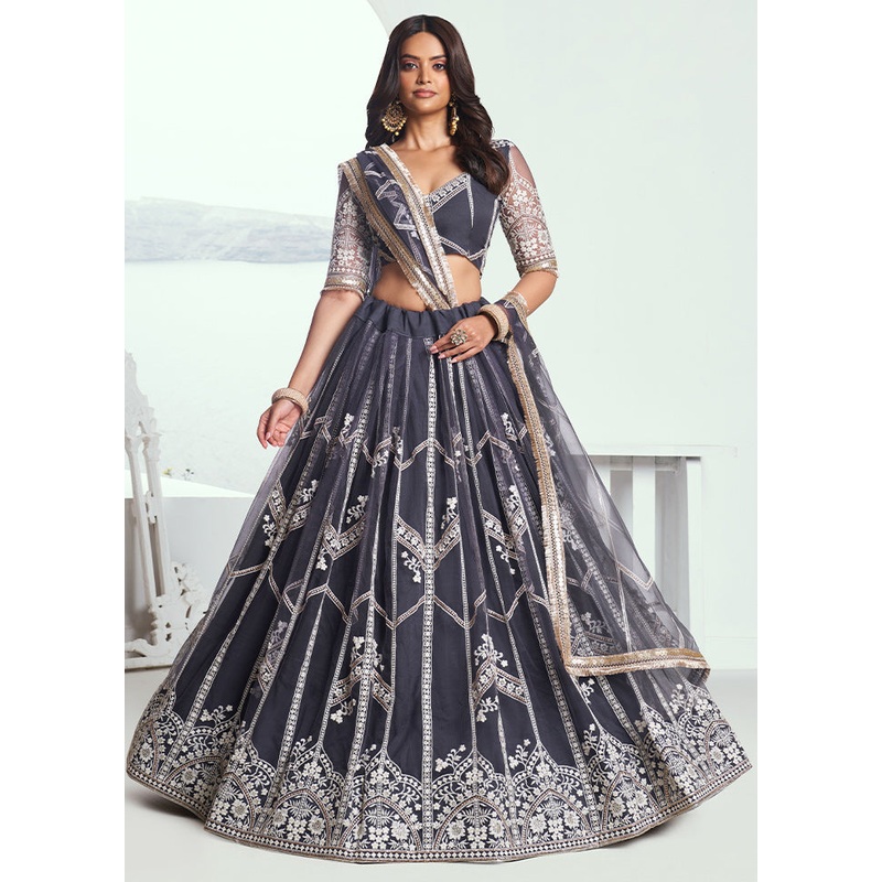 3 Pc Dark Grey Net Semi Stitched Lehenga Set - JD986610680