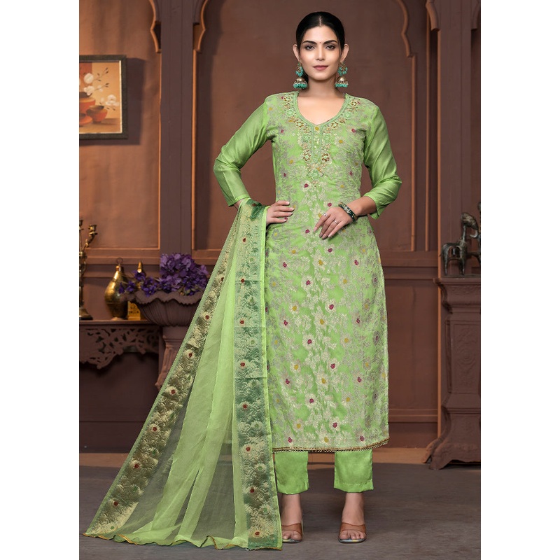 3 Pc Green Semi Stitched Cotton Suit Set - JD986610701