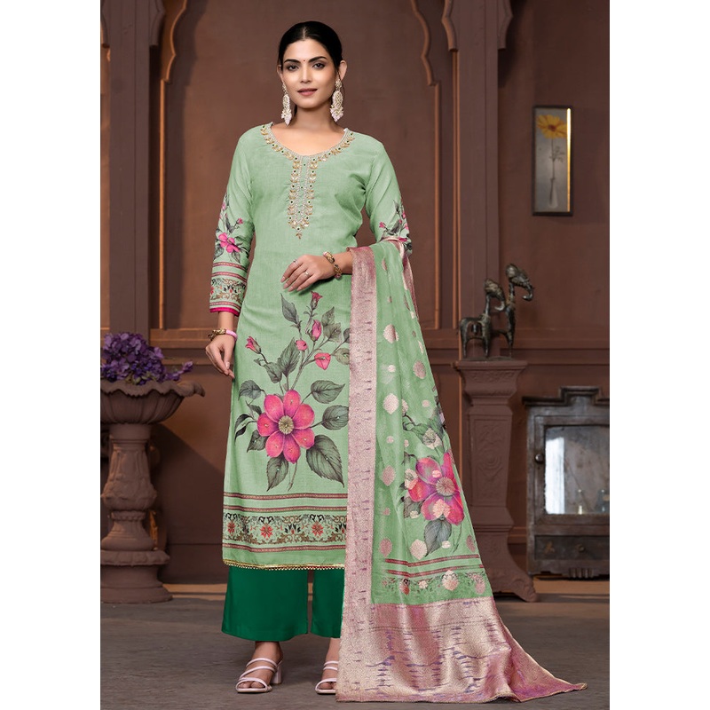 3 Pc Green Semi Stitched Cotton Suit Set - JD986610702
