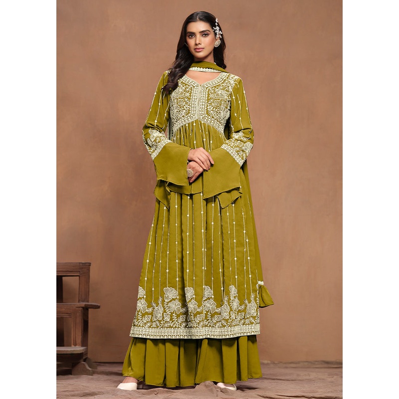 3 Pc Green Semi Stitched Georgette Suit Set - JD986610700