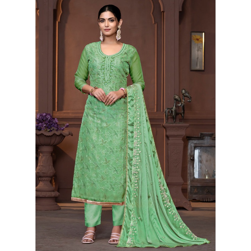 3 Pc Green Semi Stitched Viscose Suit Set - JD986610699