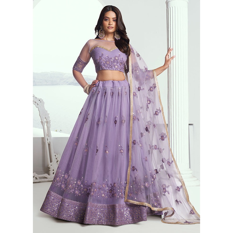3 Pc Lavender Net Semi Stitched Lehenga Set - JD986610679