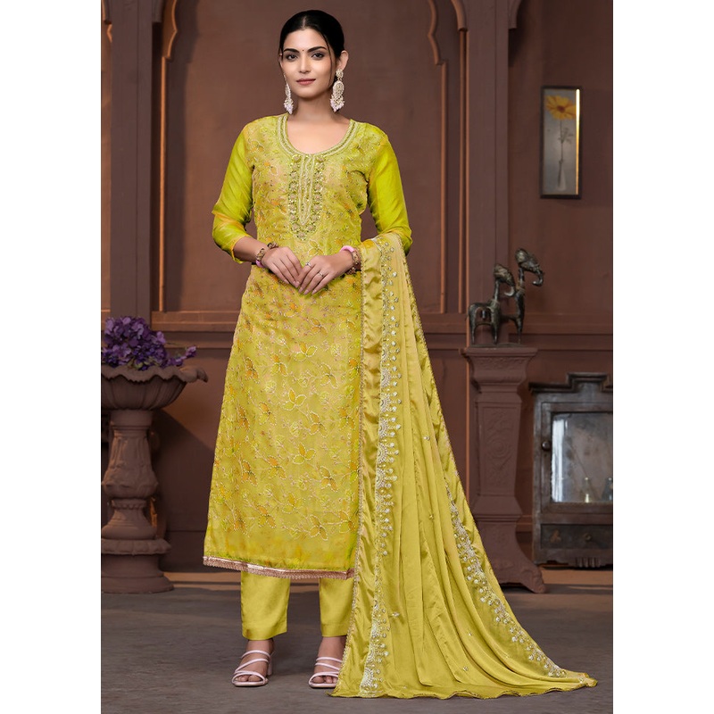 3 Pc Lime Green Semi Stitched Viscose Suit Set - JD986610698