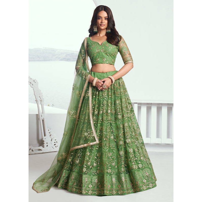 3 Pc Pista Green Net Semi Stitched Lehenga Set - JD986610678