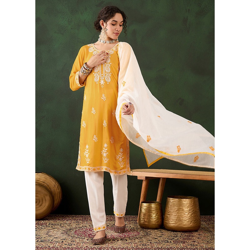 3 Pc Yellow Readymade Rayon Suit Set - JD986610712
