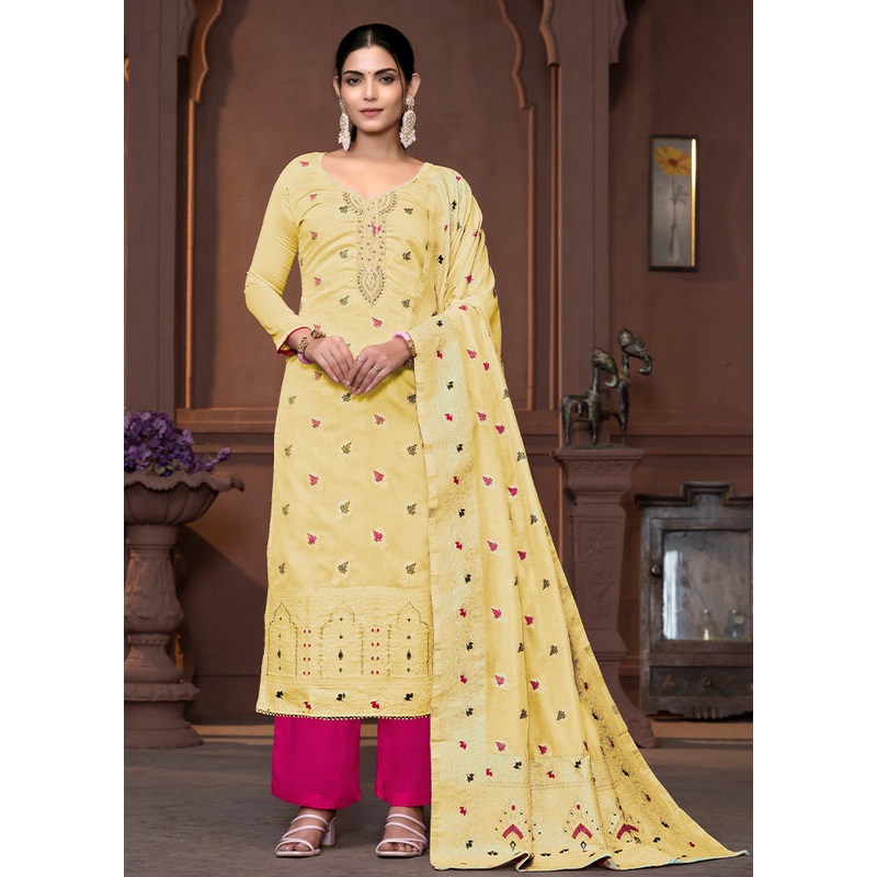 3 Pc Yellow Semi Stitched Silk Suit Set - JD986610682