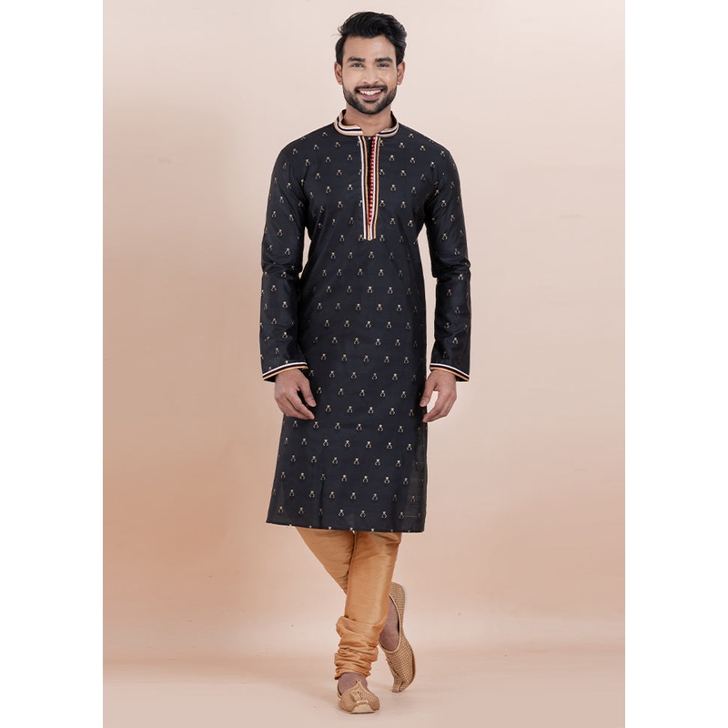 Black Cotton Kurta And Pajama Set - JD986610734