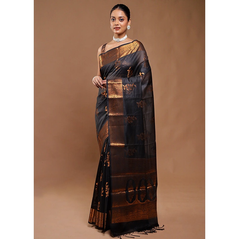 Black Cotton Saree With Blouse Piece - JD986610838