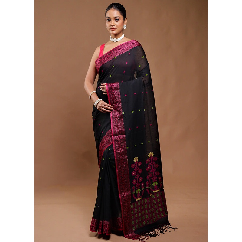 Black Pure Cotton Saree With Blouse Piece - JD986610837