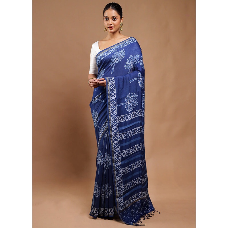 Blue Chanderi Cotton Saree With Blouse Piece - JD986610836