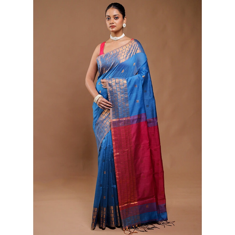 Blue Cotton Saree With Blouse Piece - JD986610835
