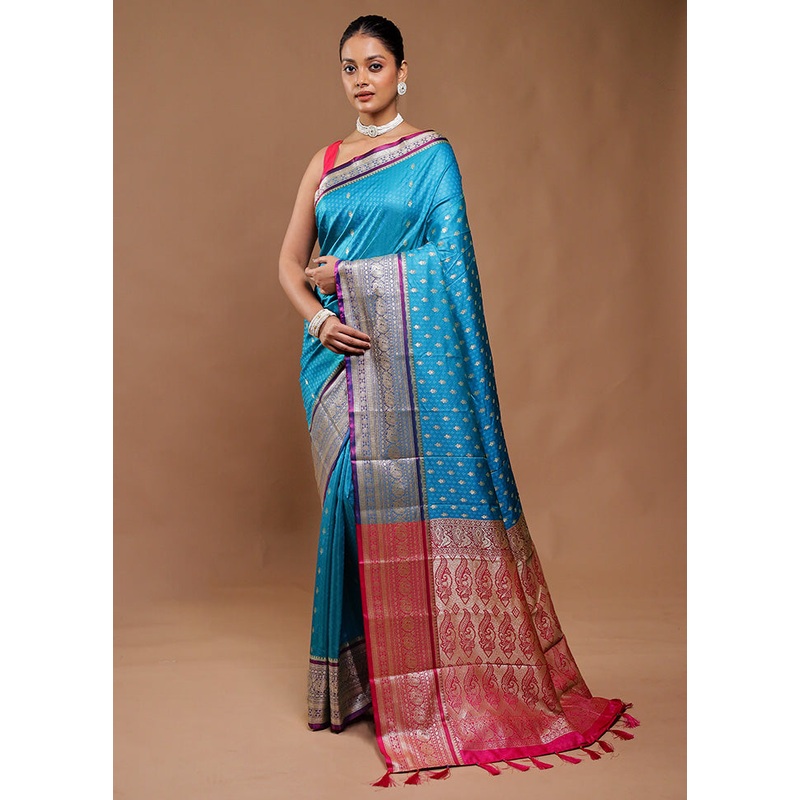 Blue Dupion Silk Saree With Blouse Piece - JD986610833