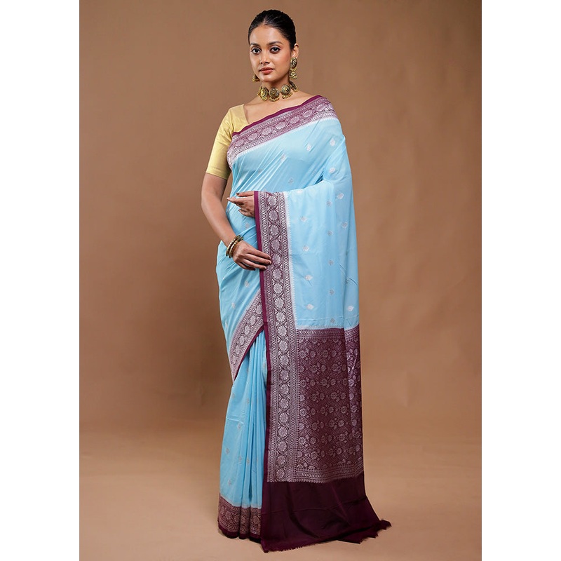 Blue Dupion Silk Saree With Blouse Piece - JD986610834