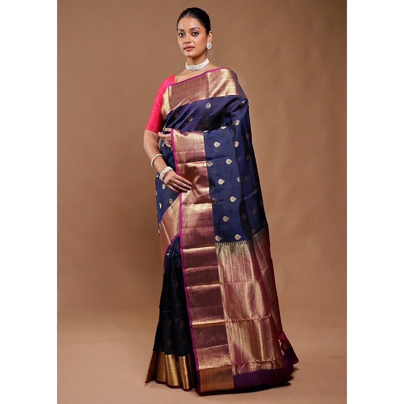 Blue Handloom Kanjivaram Pure Silk Saree With Blouse Piece - JD986610832