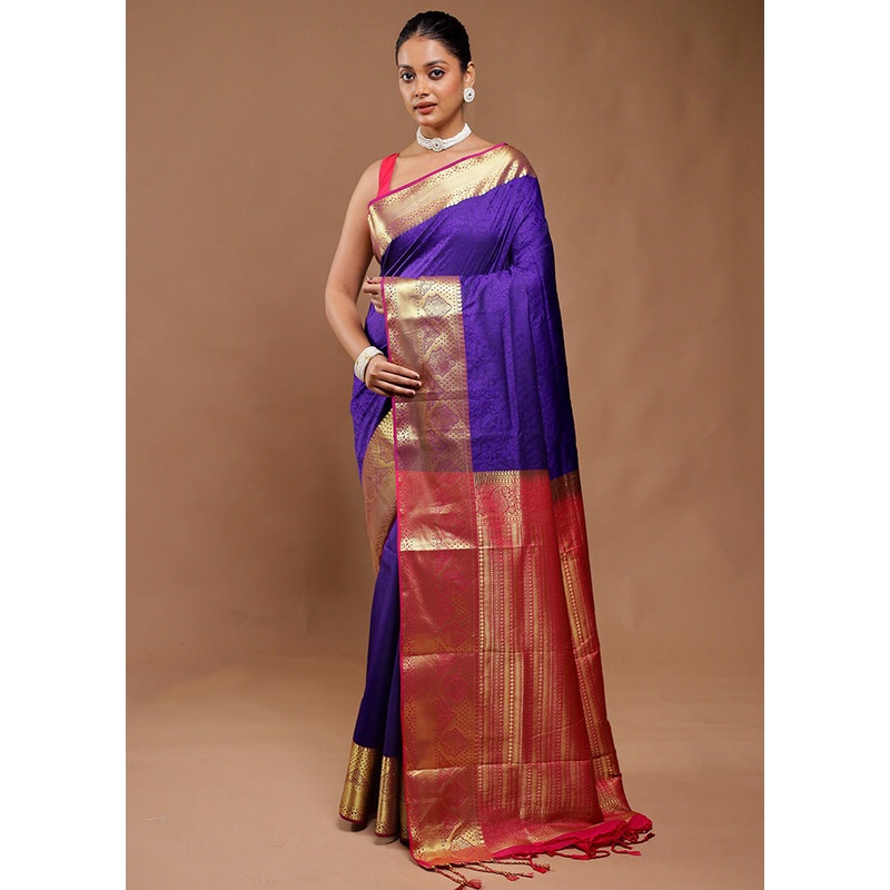 Blue Kanjivaram Silk Saree With Blouse Piece - JD986610831