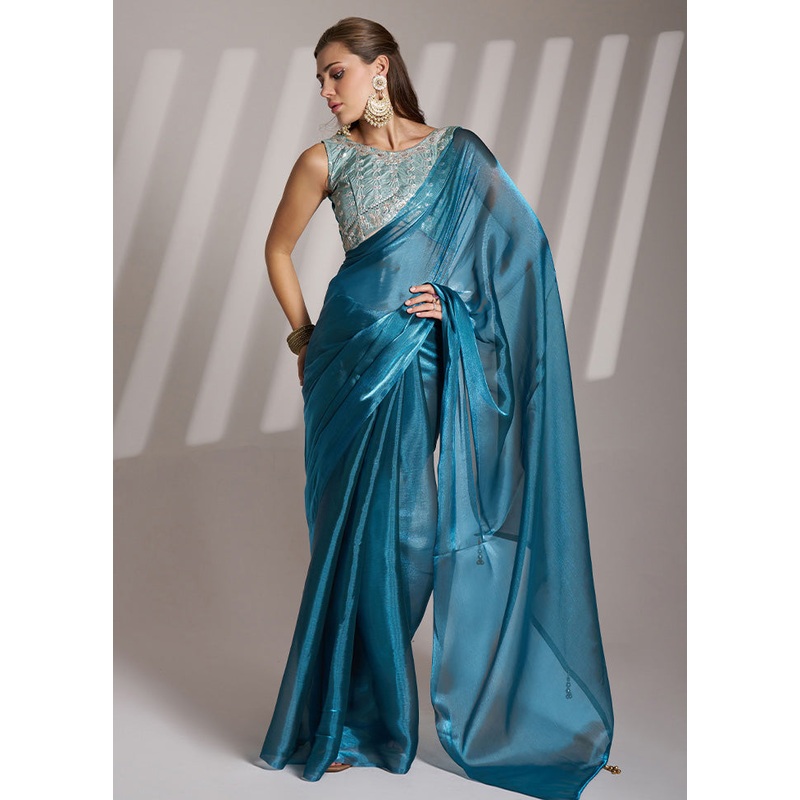 Blue Net Saree With Blouse Piece - JD986610735