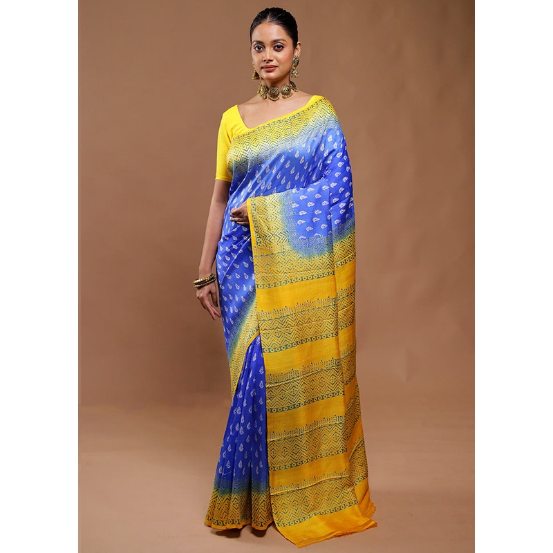 Blue Printed Pure Silk Saree Without Blouse Piece - JD986610825