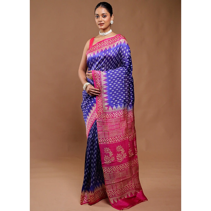 Blue Printed Pure Silk Saree Without Blouse Piece - JD986610826