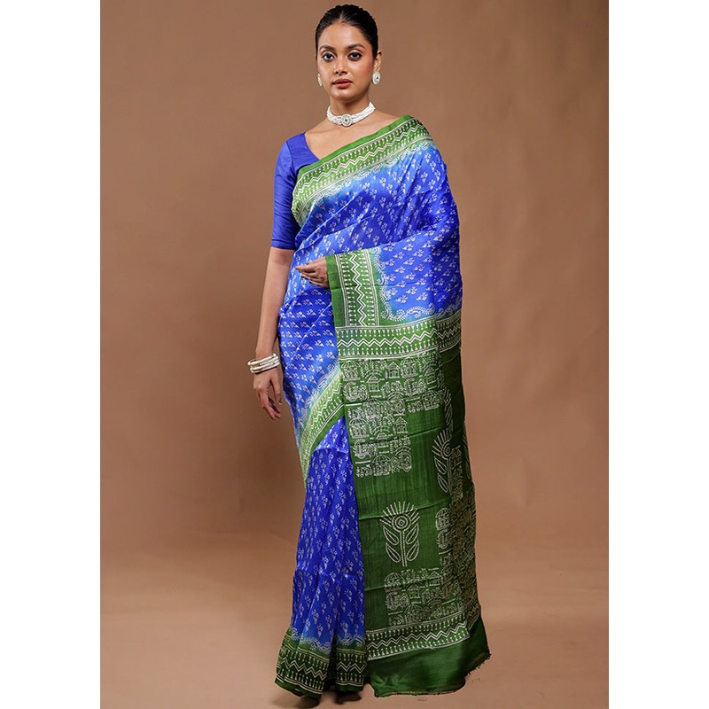 Blue Printed Pure Silk Saree Without Blouse Piece - JD986610827