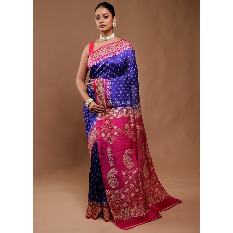 Blue Printed Pure Silk Saree Without Blouse Piece - JD986610828
