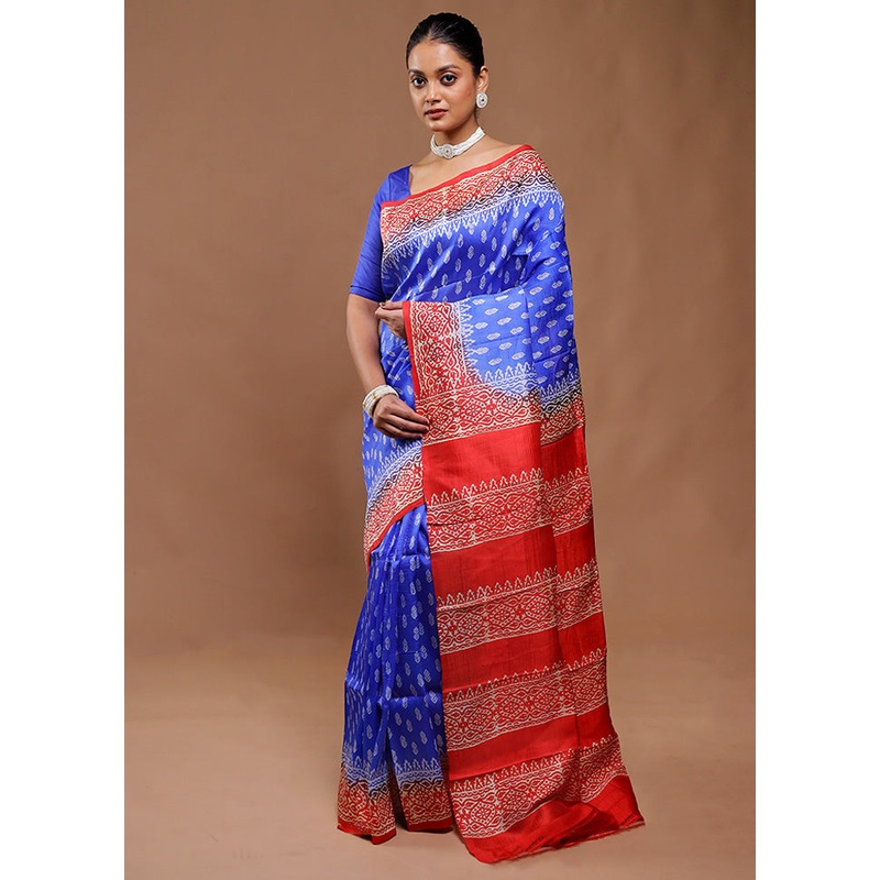 Blue Printed Pure Silk Saree Without Blouse Piece - JD986610829