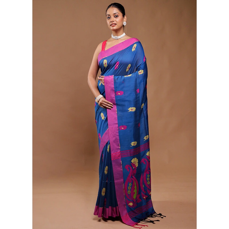 Blue Pure Cotton Saree With Blouse Piece - JD986610822