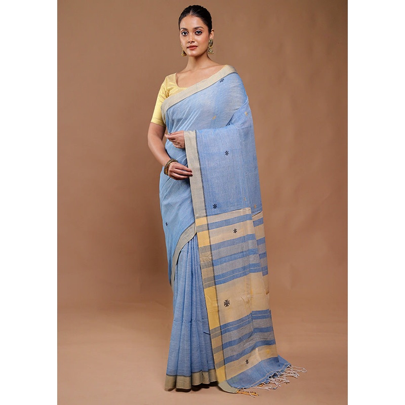 Blue Pure Cotton Saree With Blouse Piece - JD986610823