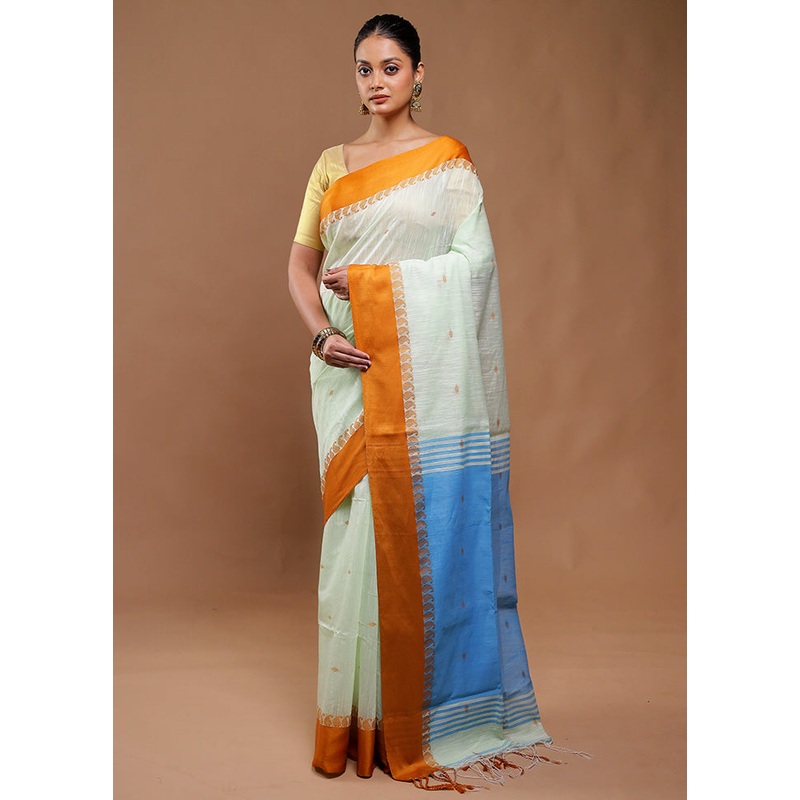 Cream Cotton Saree With Blouse Piece - JD986610819