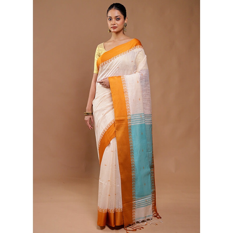 Cream Cotton Saree With Blouse Piece - JD986610820