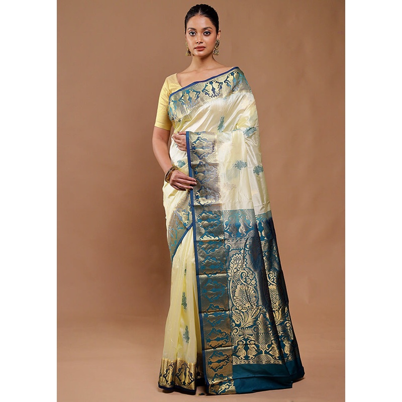 Cream Handloom Kanjivaram Pure Silk Saree With Blouse Piece - JD986610817