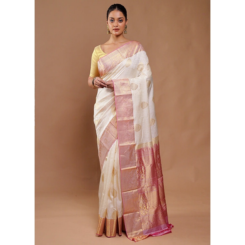 Cream Handloom Kanjivaram Pure Silk Saree With Blouse Piece - JD986610818