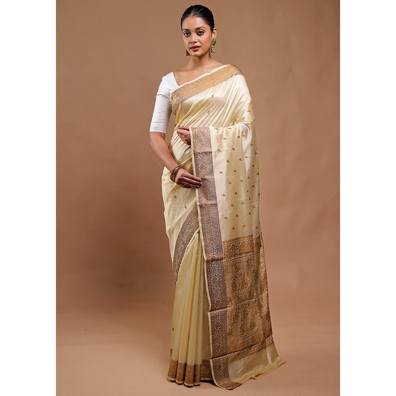 Cream Handloom Katan Pure Silk Saree With Blouse Piece - JD986610815