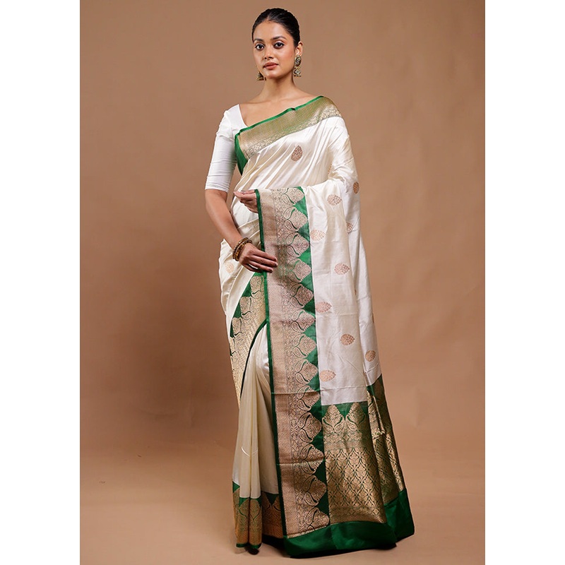 Cream Handloom Katan Pure Silk Saree With Blouse Piece - JD986610816