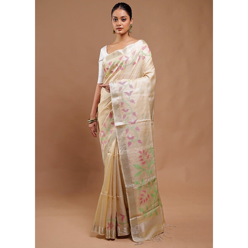 Cream Handloom Tussar Pure Silk Saree With Blouse Piece - JD986610814