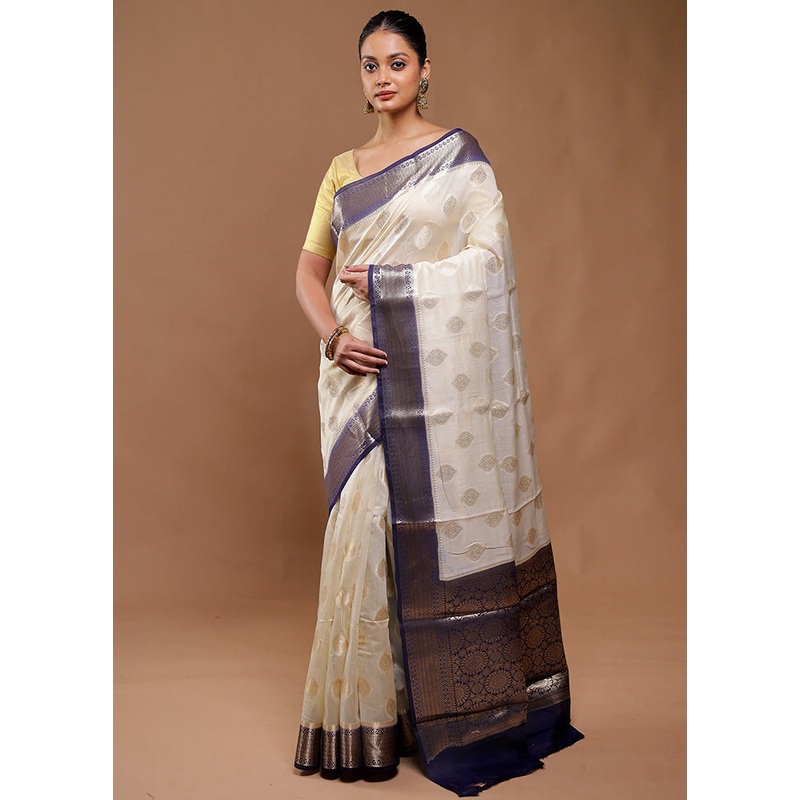 Cream Kora Silk Saree With Blouse Piece - JD986610812