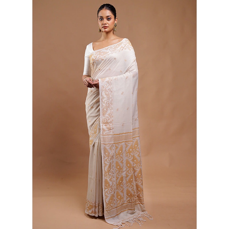 Cream Matka Silk Saree With Blouse Piece - JD986610811