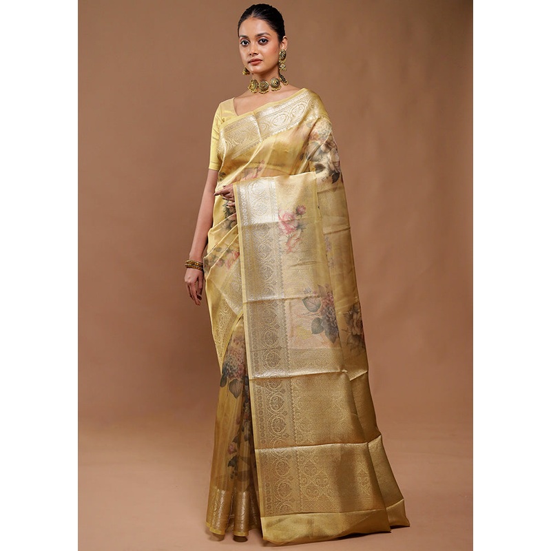 Golden Tissue Silk Saree With Blouse Piece - JD986610809