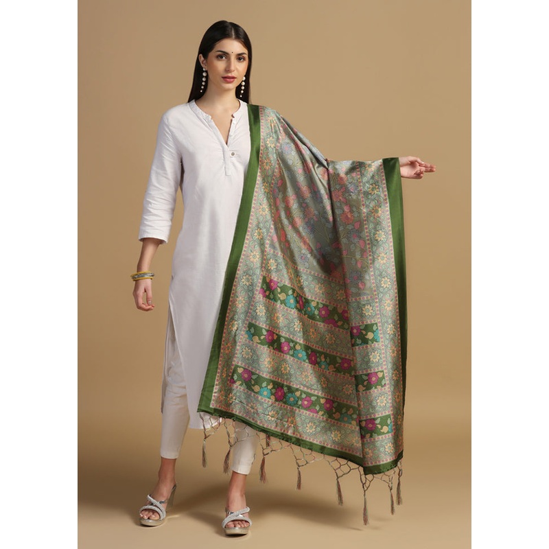 Green Banarasi Silk Dupatta - JD986610850