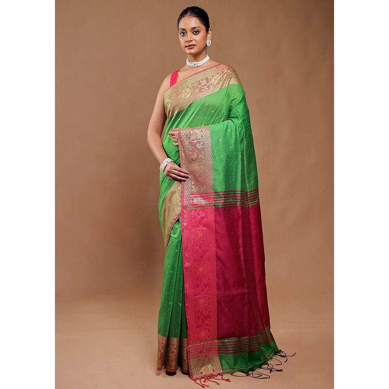 Green Cotton Saree With Blouse Piece - JD986610806