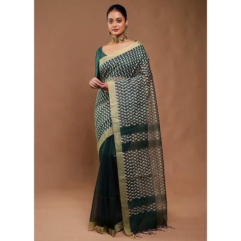 Green Cotton Saree With Blouse Piece - JD986610807