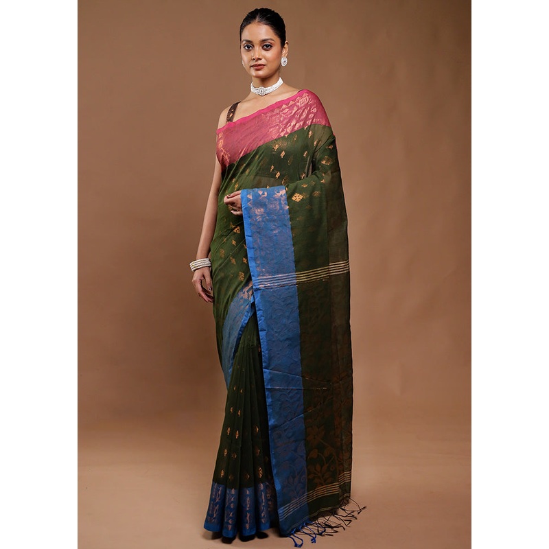 Green Cotton Saree With Blouse Piece - JD986610808
