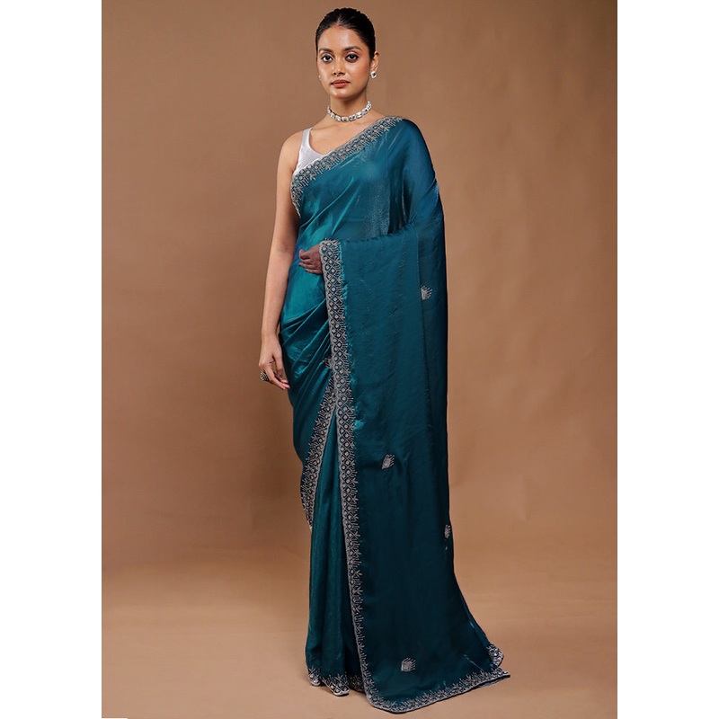 Green Crushed Tissue Silk Saree With Blouse Piece - JD986610803