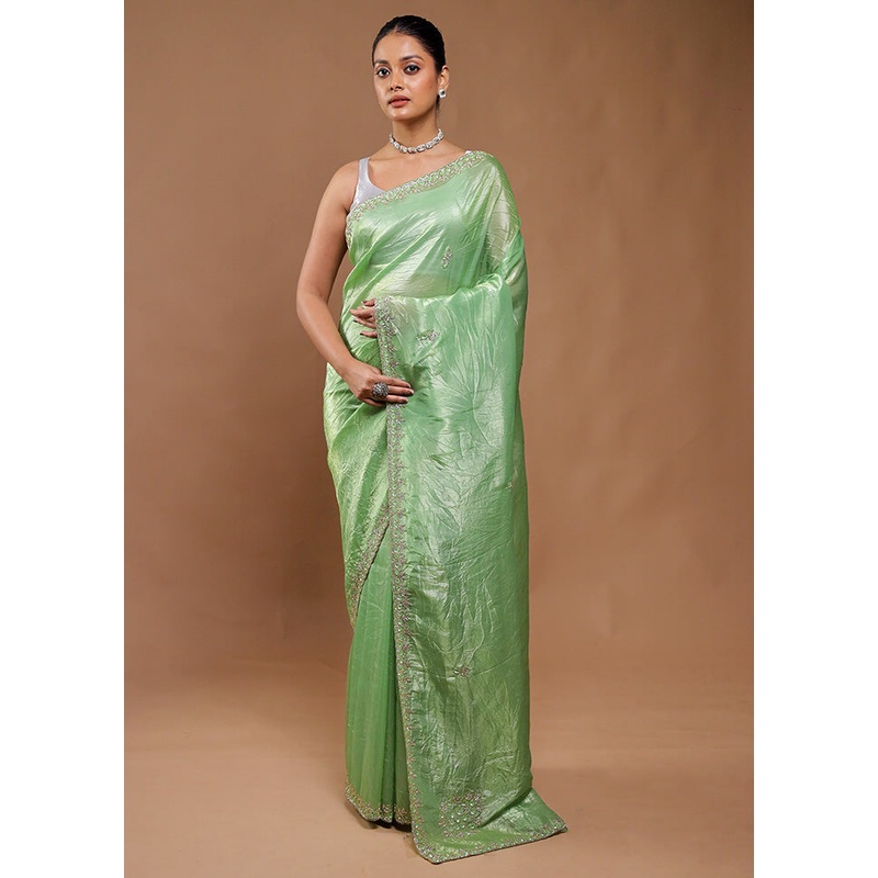 Green Crushed Tissue Silk Saree With Blouse Piece - JD986610804