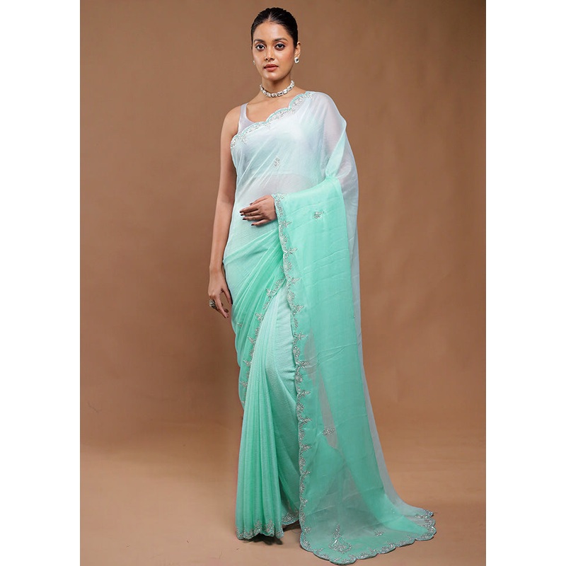 Green Crushed Tissue Silk Saree With Blouse Piece - JD986610805